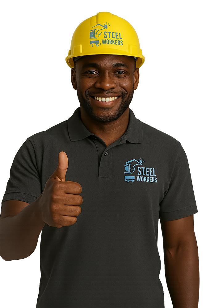 Steel Workers employee in branded hard hat and shirt giving thumbs up – professional steel structure builder in South Africa.